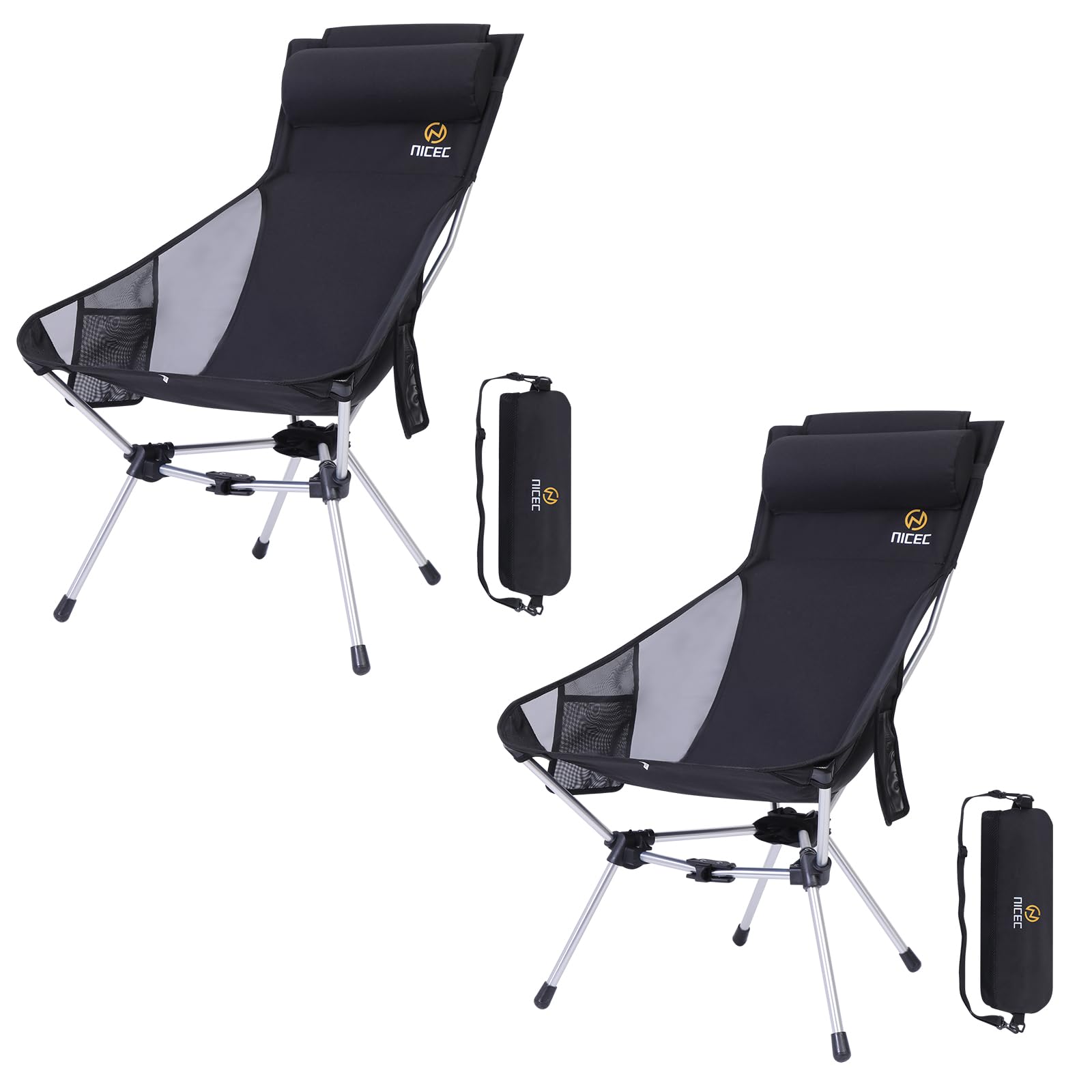 Photo 1 of Nice C Ultralight High Back Folding Camping Chair, Backpacking Chair, Compact & Heavy Duty Outdoor, Travel, Picnic, Festival with 2 Side Pockets, Pillow &Carry Bag (Set of 2 Black)
