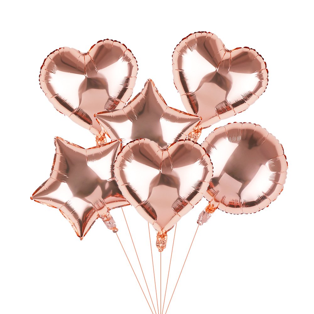 Happium 18" Rose Gold Heart, Star, Round Champagne Foil Balloons Pack of 6, Large Balloons with 10 m Roll Ribbon, Party Decorations