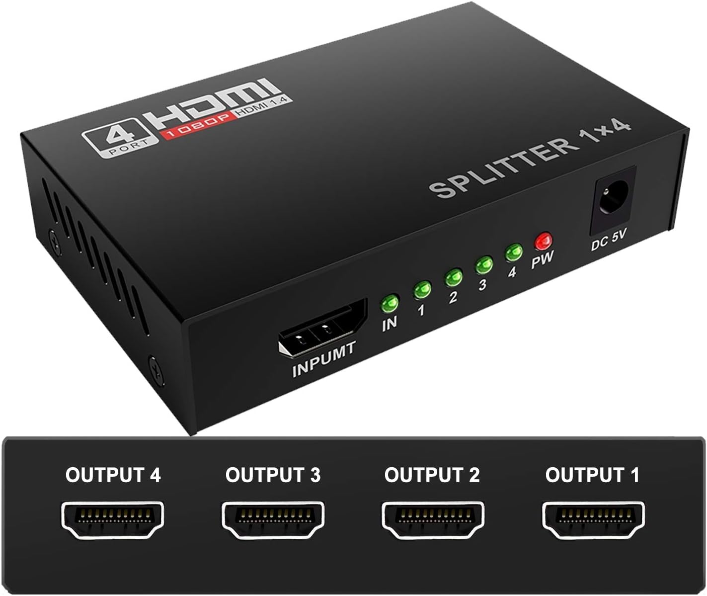 Mcscants HDMI Splitter 1 in 4 Out V1.4 Powered 1x4 Ports Box Supports 4K@30Hz Full Ultra HD 1080P 3D Compatible with PC STB Xbox PS4 Fire Stick Roku Blu-Ray Player TV HDTV (1 Input to 4 Outputs)