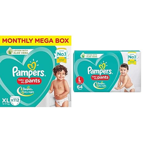 Pampers New Diapers Pants Monthly Box Packs, X-Large (112 Count) & Pampers New Diapers Pants, Large (64 Count)