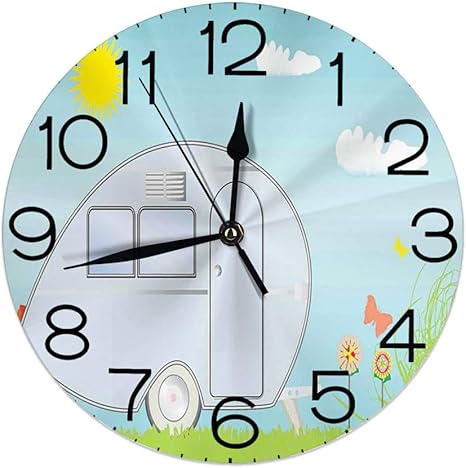 Amazon Co Jp 丸い壁時計ホーム装飾 夏の休暇トレーラー蝶屋外花が咲くと漫画の自然 ホーム キッチン