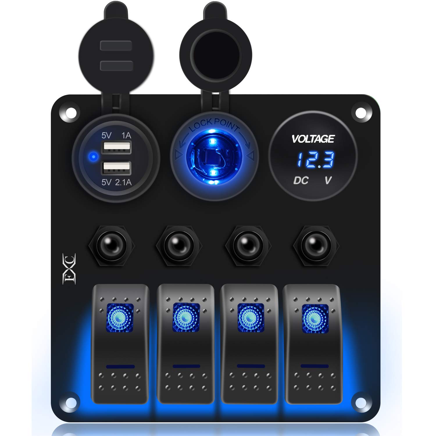 FXC Waterproof Marine Boat Rocker Switch Panel 4 Gang with 3.1A Dual USB Slot Socket + Cigarette Lighter +LED Voltmeter with Overload Protection for Car Rv Vehicles Truck (4 Gang Blue LED) (4 Blue): Industrial & Scientific
