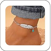 Erimberate Bohemian Feather Turquoise Ankle Chain Bracelet Silver Feather Ankle Bracelet Round turquoise Stone Foot Chain Anklet Summer Beach Foot Chain Jewelry for Women Gifts