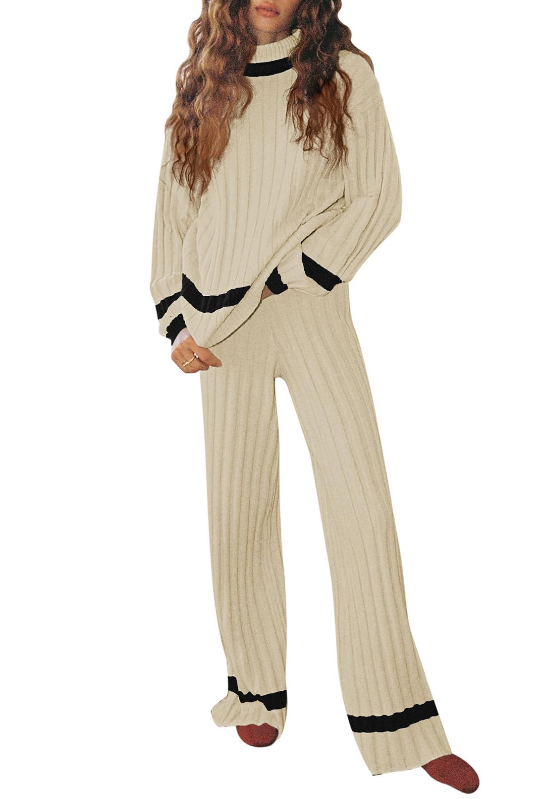 Lounge Set Casual Side Slit Knitted Sweater Pullover Top Wide Leg Pants Two Pieces Tracksuit