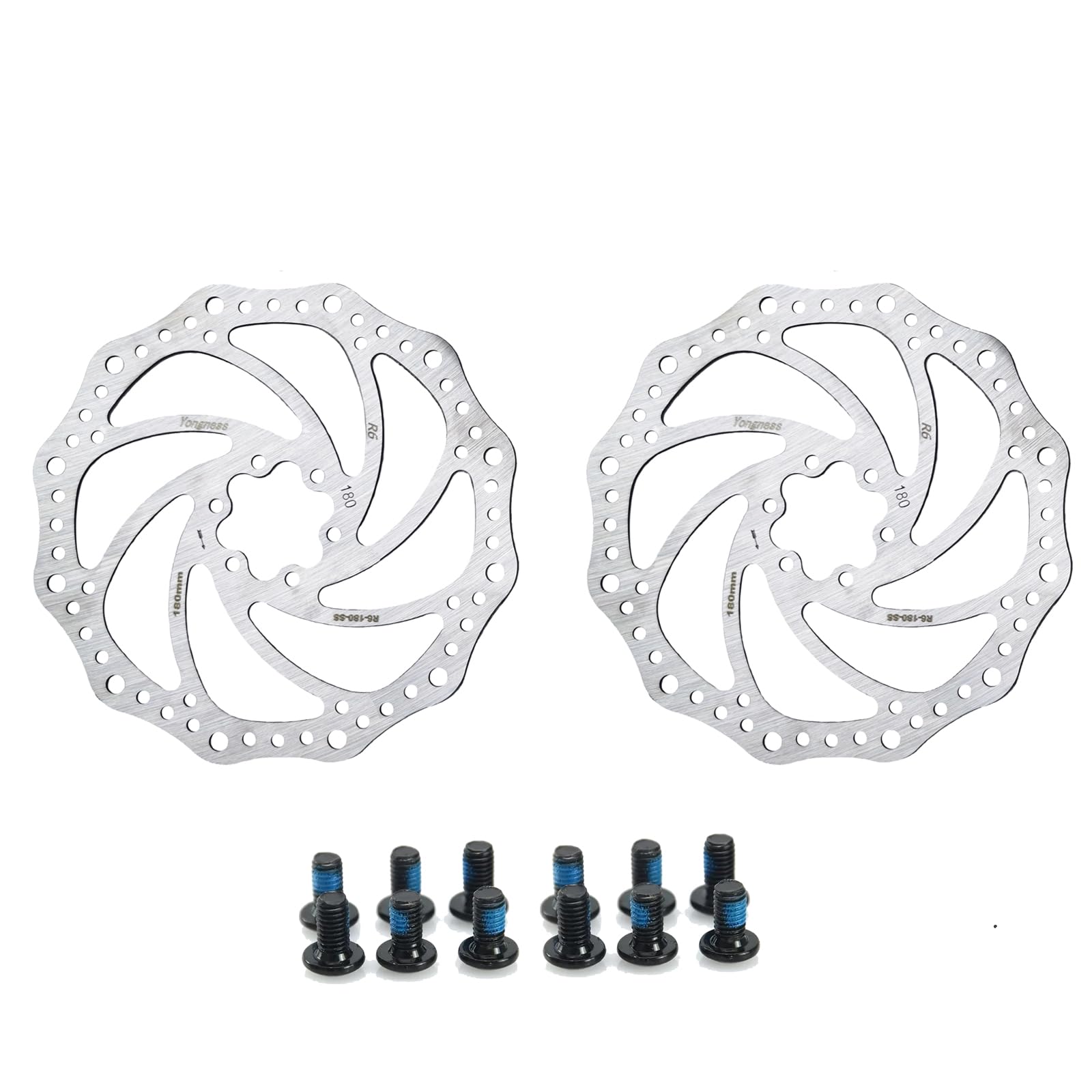 Yongness Bike Disc Brake Rotor, Silver 180mm 6 Hole Brake Rotor, 2 Pack with 12 Screws, Stainless Steel Brake Rotor, Compatible with Shimano Tektro Avid Magura Hayes