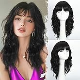 UNNYMGER Black Wig with Bangs Short Wavy Wigs for Women Curly Bob Style Wear and Go Natural Synthetic Wigs for Halloween Costumes Cosplay Daily Party Use 16IN