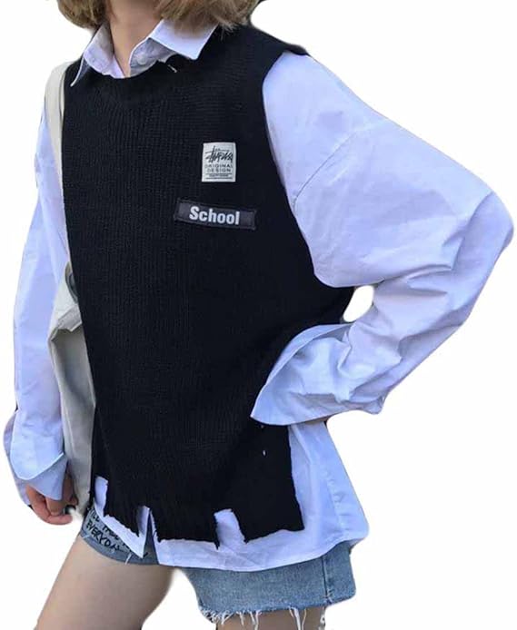 Amazon Mengfan レディース ニットベスト 秋 パーカー 無地 ブラック ノースリーブ タンクトップ 丸首 ゆったり Bf風 原宿 トップス 韓国風 カジュアル 制服 オフィス 黒 ベスト 通販