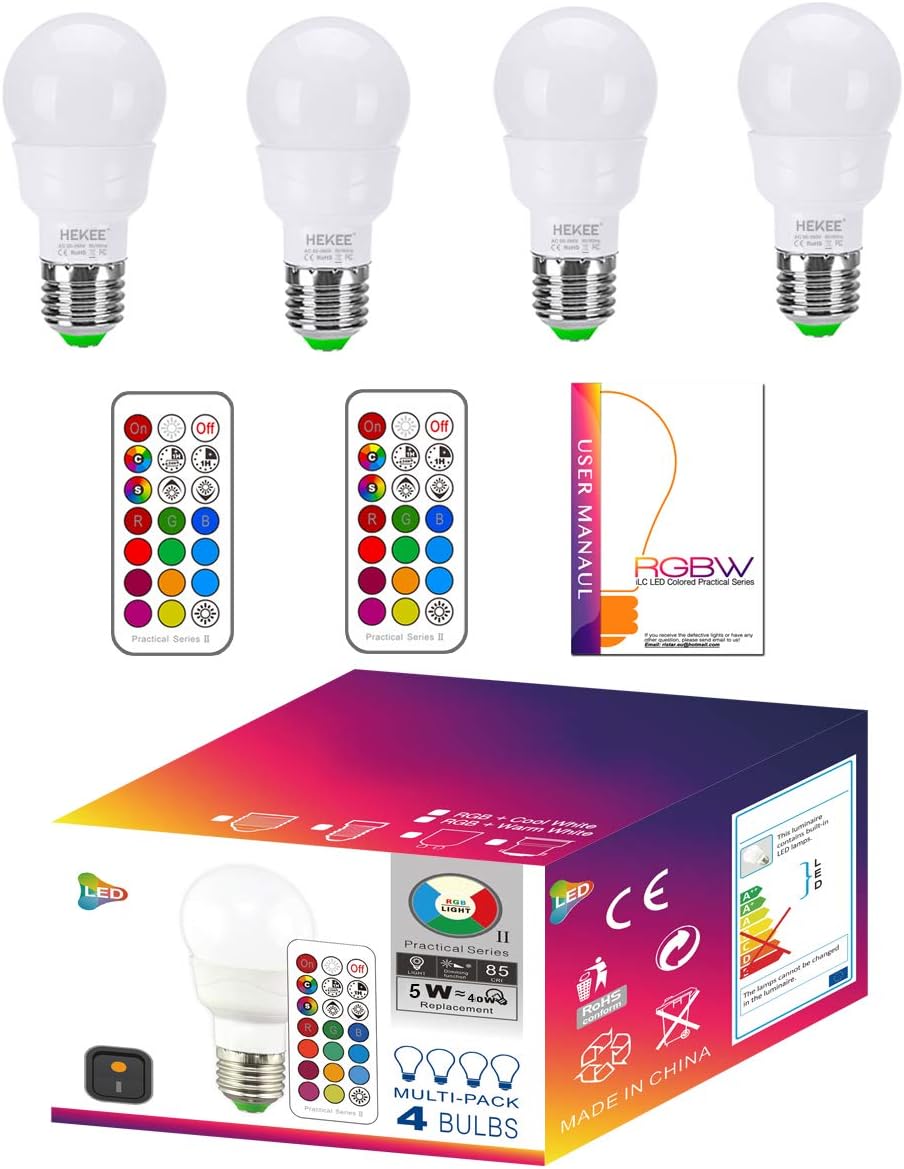 RGB LED Light Bulb, Color Changing Light Bulb, 40W Equivalent, 450LM Dimmable 5W E26 Screw Base RGBW, Mood Light Flood Light Bulb - 12 Color Choices - Timing Infrared Remote Control Included (4 Pack) - - 