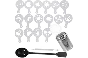 FUNNETOYU Coffee Stencils and Powder Shaker Set Stainless Steel Measuring Spoon and Latte Art Decorative Stencils for Cappucc