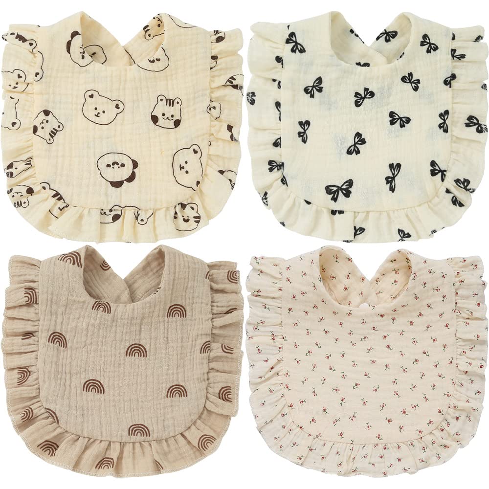 SZJIAHTM 4 Pack Of Newborn Toddler Soft Cotton Teething Bib Feeding Bib Ruffle Edge Adjustable Snap Dribble Infant Bibs For boys Girls