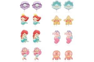MIKOVIVI 8 Pairs Princess Clip Earrings, Little Girl Dress up Princess Accessories Cute Mermaid Clip on Earrings Children Non Pierced Earrings Kids Clip Earring and Earring Set for Party Favor