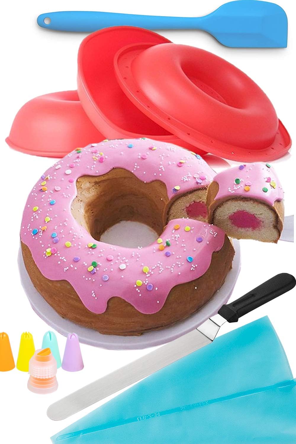 Amazon Com Omg Giant Donut Baking Kit Nonstick Silicone Giant Doughnut Cake Pan Baking And Decorating Supplies Bundle Stay Home And Bake Gift Set Kitchen Dining