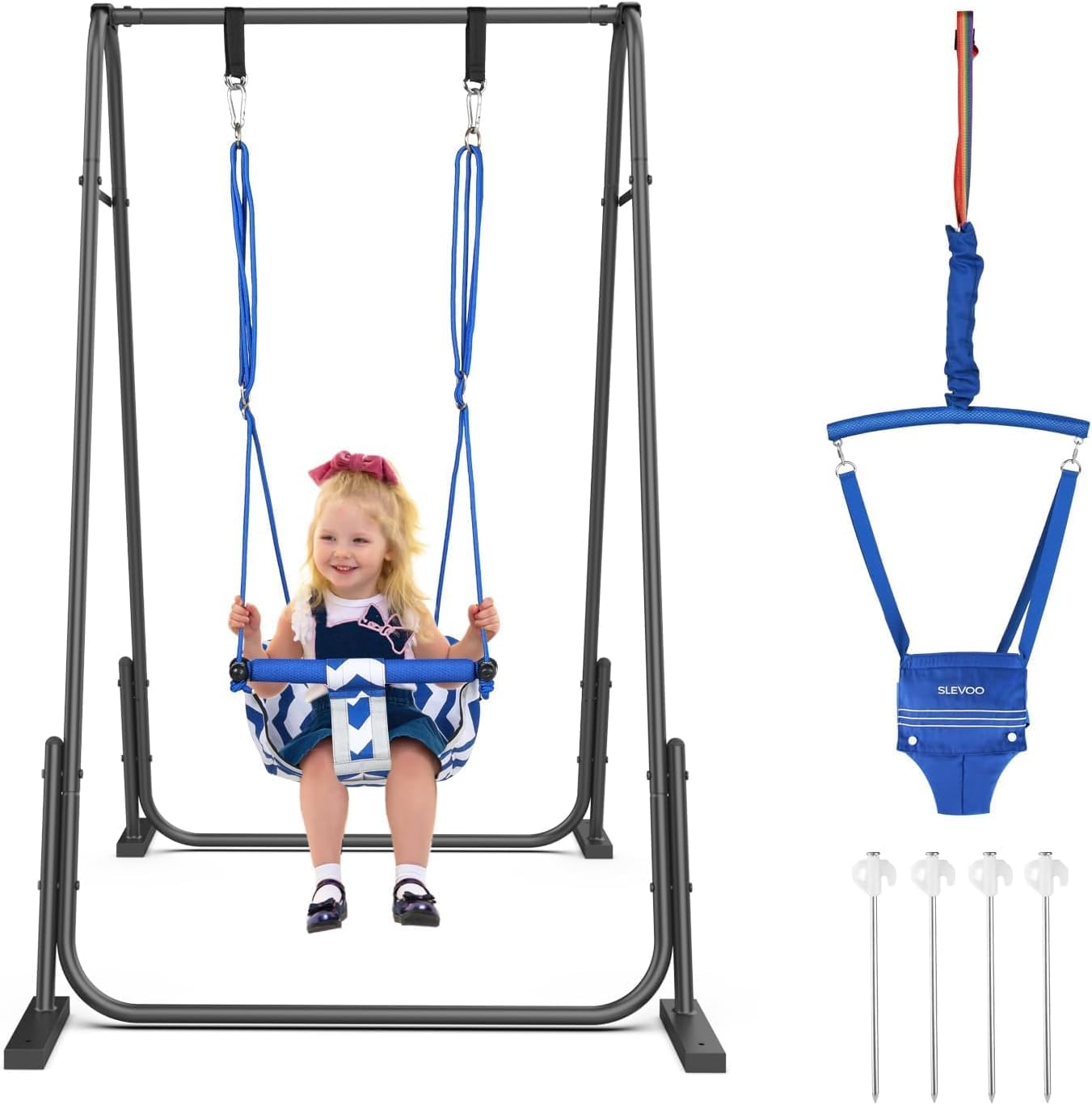Slevoo 2-in-1 Baby Jumper and Toddler Swing Set with Foldable Metal Frame, Indoor and Outdoor Play for Ages 6 Months to 6 Years, Supports Up to 200 Pounds (Blue)