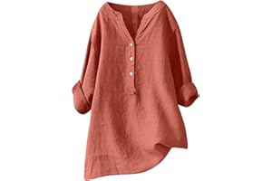 DPTALR Cotton Linen Tunic for Women 3/4 Length Sleeve Tops Notch Neck Tee Shirt Plus Size Loose Fit Tshirt Solid Color Blouse