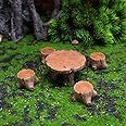 U-Vathing 5pcs Miniature Table and Chairs Set, Wooden Fairy Garden Furniture Ornaments Dollhouse Resin Fairy Tree Stump Stool