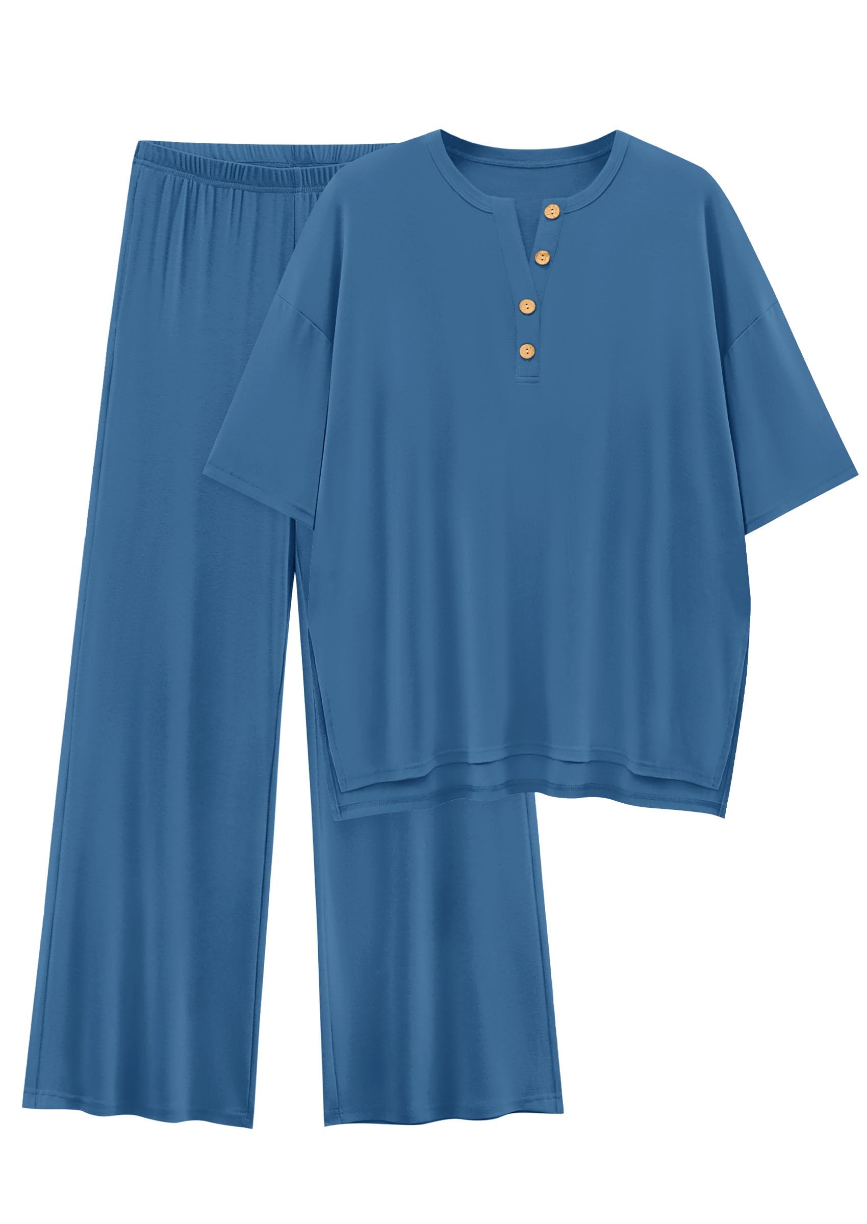 Photo 1 of PRETTYGARDEN 2 Piece Lounge Sets for Women Summer 2025 Short Sleeve Tops Wide Leg Pants Matching Travel Outfits Clothing (Blue,Medium)