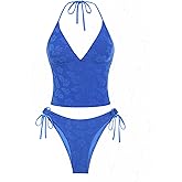 seamoly Women's Tankinis Striped Halter String Tie Side 2 Piece Tankini Sets Swimsuit