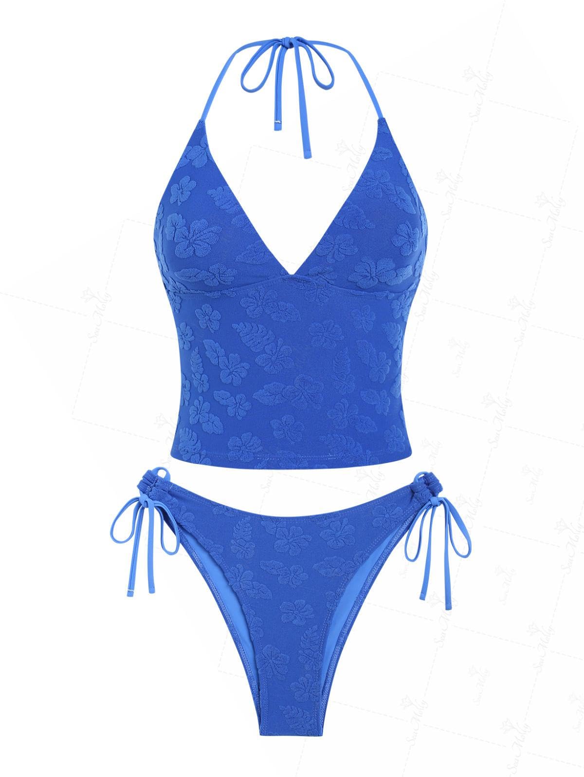 Photo 1 of seamoly Women's Tankinis Terry Cloth Jacquard Floral Halter Tie Side Tankini Set, Blue, S
