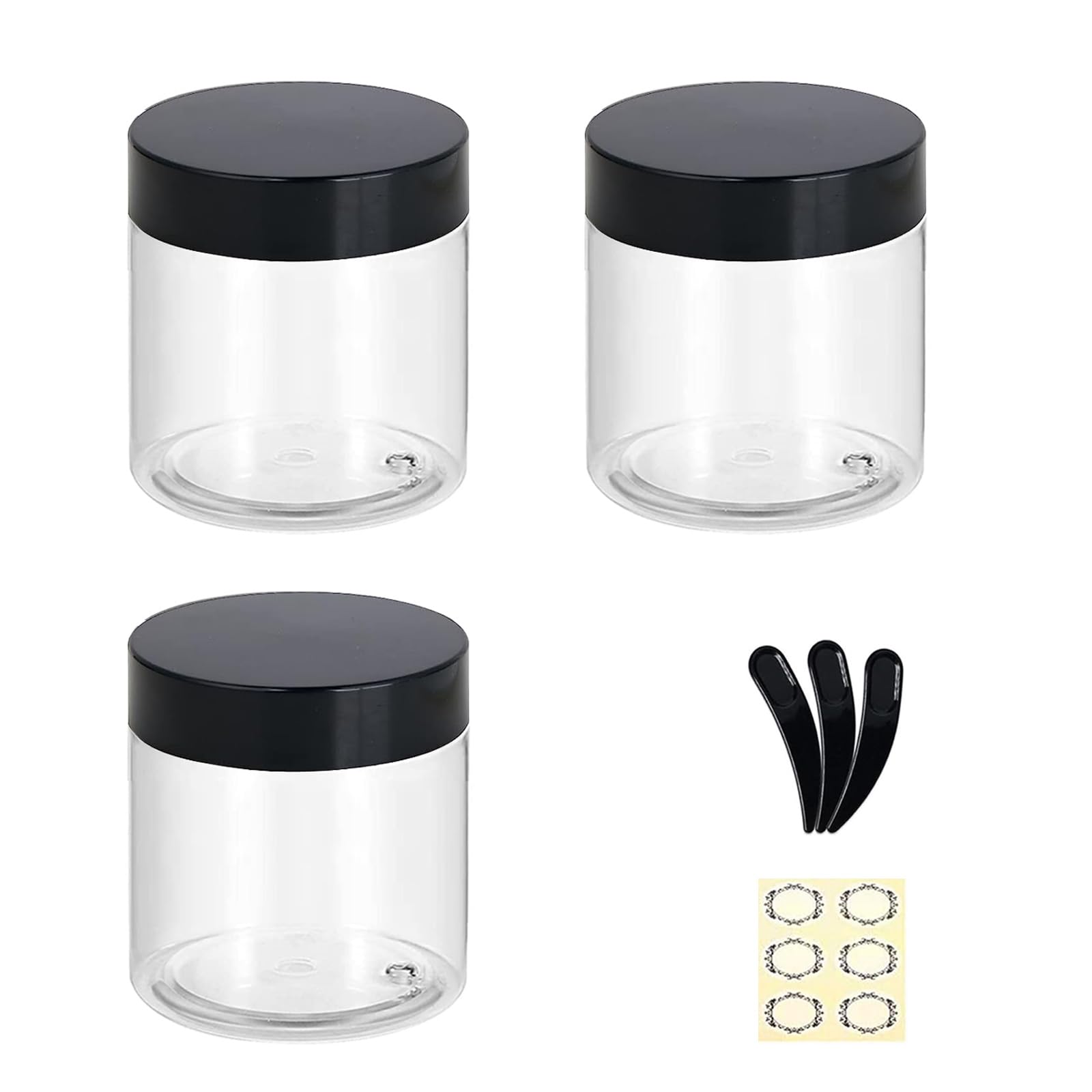 Apstaqeoo 3PCS 200ML Empty Plastic Jars With Black Lids, Clear Round Face Cream Jars Cosmetic Container Travel Storage Jar With Inner Liners for Body Scrub/Lotion/Powder/Ointment/Salves/Sample/Makeup