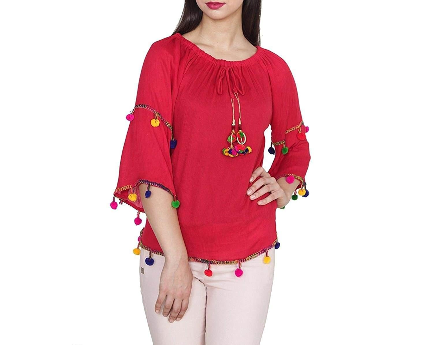 indietoga women solid red rayon off shoulder pom pom western wear top (plus size m to 7xl)
