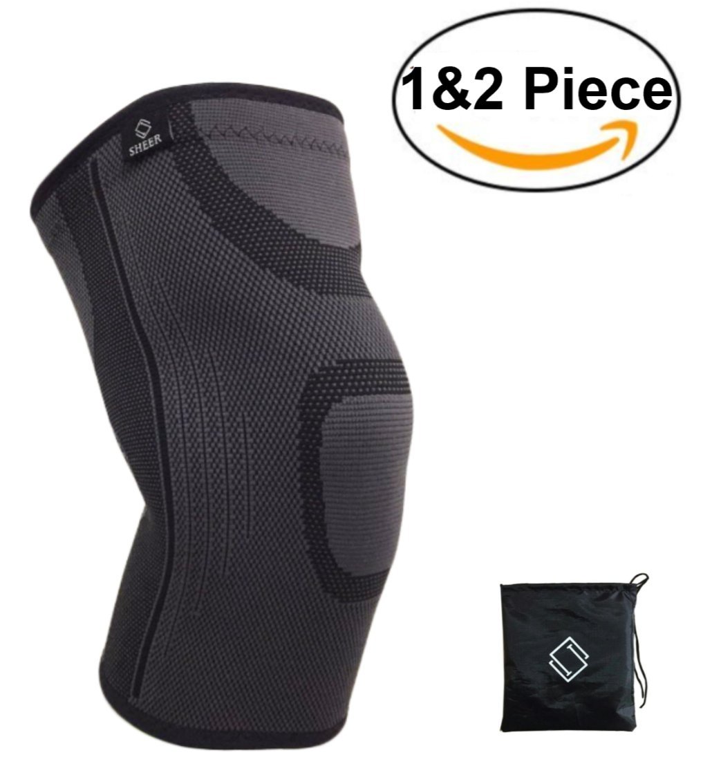 Sheer - Compression knee brace. Perfect knee sleeve for joint pain relief and sports: Basketball, Soccer, Running, Gym. Perfect for stability, injury prevention and recovery. 1 and 2 Piece.