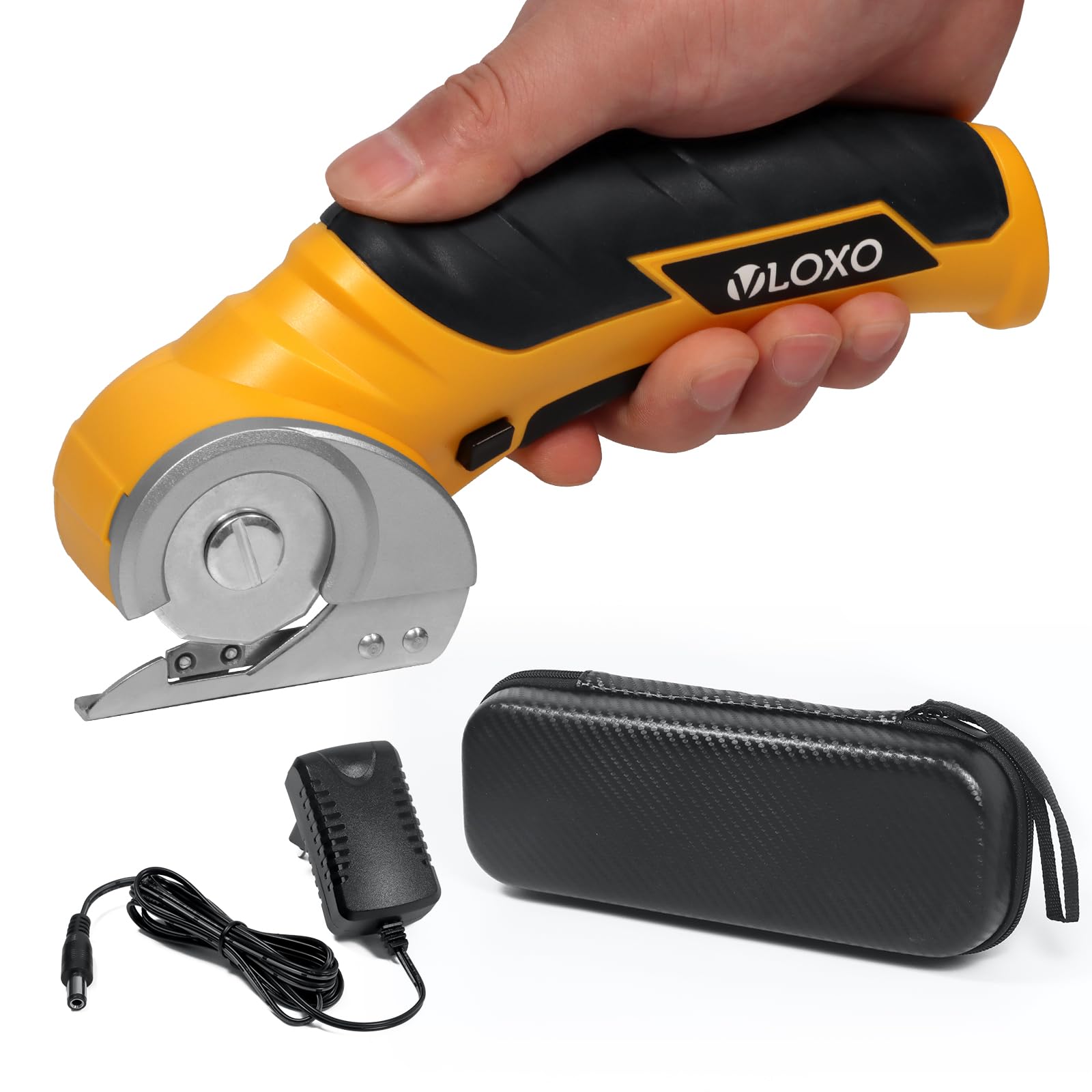 Rotary Cutter VLOXO Cordless Electric Scissors Rechargeable Rotary Cutter for Fabric with Protective Box for Cutting Fabric, Cardboard, Leather, Carpet (Yellow)