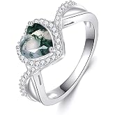 HKPATOP Moss Agate Ring 925 Sterling Silver Heart Moss Agate Rings for Women Promise Jewelry Gifts