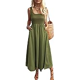 Mieazom Women's Maxi Dress Summer Sleeveless Swing Sundress Casual Loose Tank Long Dresses with Pockets Army Green XL