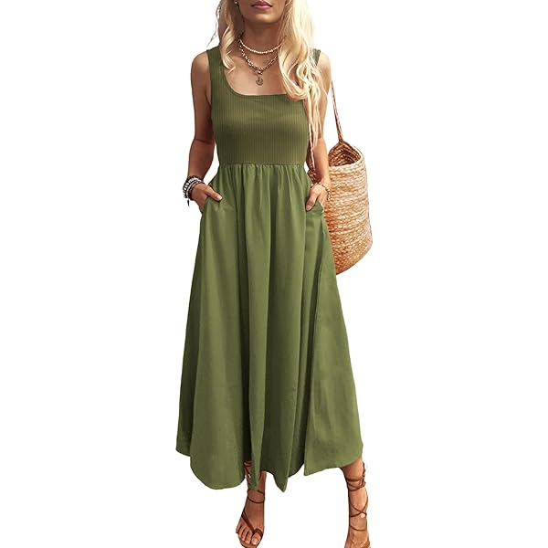 Mieazom Women's Boho Summer Maxi Dress with Pockets, Adjustable Waist, Sleeveless Casual Ruched Sundress for Beach Vacation Army Green S at Amazon Women's Clothing store Mieazom Women's Boho Summer Maxi Dress with Pockets, Adjustable Waist, Sleeveless Casual Ruched Sundress for Beach Vacation Army Green S at Amazon Women's Clothing store