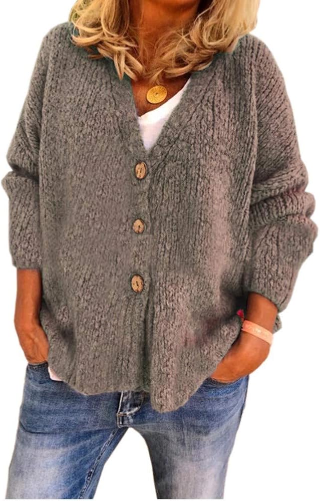 Cardigan Femme élégant Manches Longues - Tricoté Boutonné - Taille Grande - Laine Douce - Noir, Rouge, Rose - 3