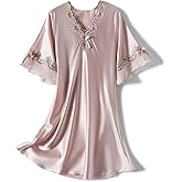 Lu's Chic Women's Satin Nightgown Summer Luxury Soft Lace Short Sleeve V Neck Sleep Shirt Sleepwear