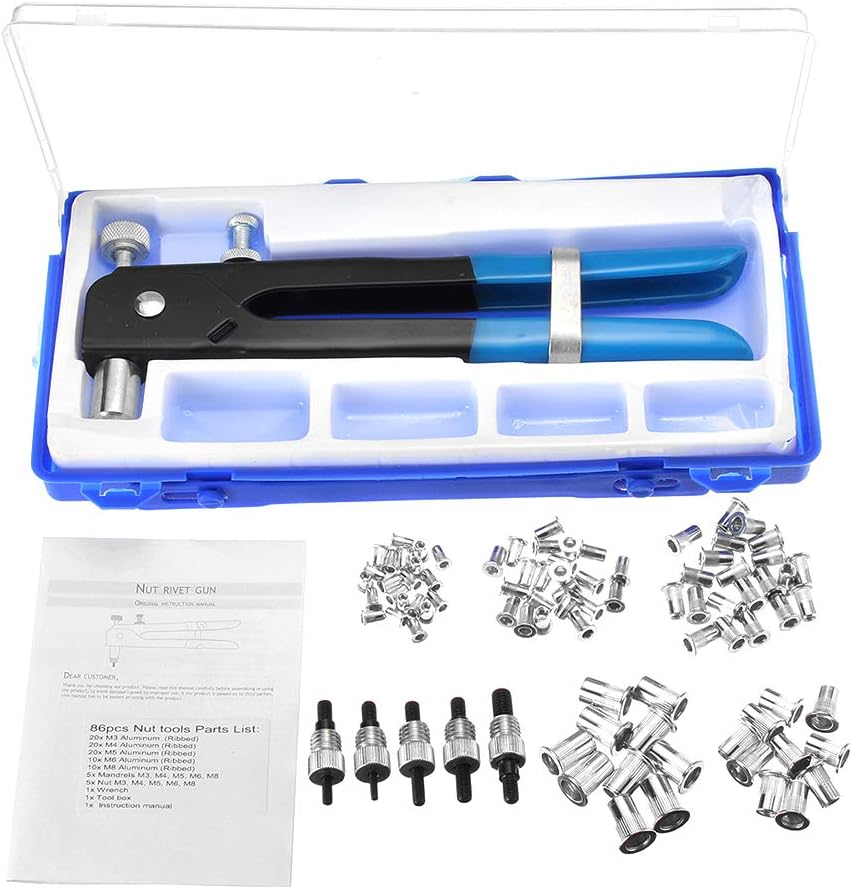 Fesjoy 86Pcs Hand Riveter Nut Rivet Shooter Kit, Manual Threaded Punching and Maintenance Tools