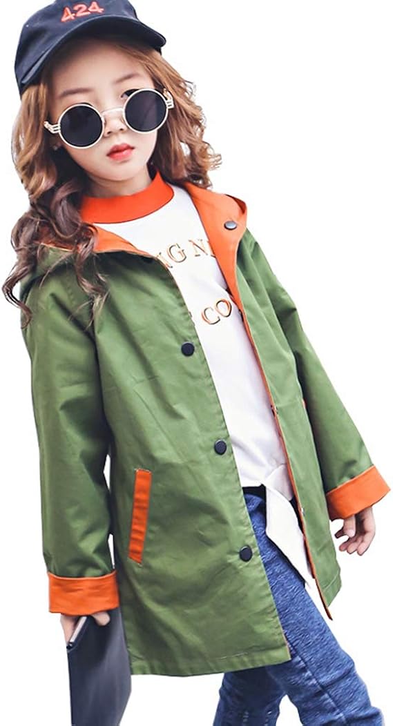 Amazon トレンチコート リバーシブル 春秋 女の子 防風 防寒 スプリングコート キッズ 長袖 軽量 薄手 カジュアル 通園 通学 お出かけ 子供服 英字柄 無地 グリーン オレンジ 1 160cm コート ジャケット 通販
