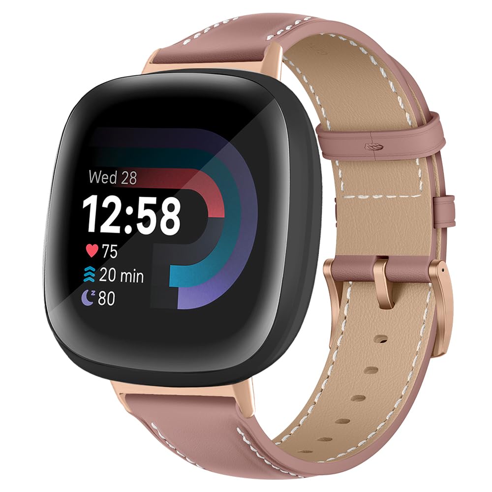 Niboow Leather Strap for Fitbit Versa 4/Versa 3/Fitbit Sense 2/Sense, Leather Adjustable Watch Band with Stainless Steel Buckle, Soft Replacement Bracelet for Fitbit Sense 2/Fitbit Sense - Pink