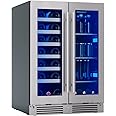 Zephyr Presrv 24 Inch Beverage and Wine Fridge Dual Zone Under Counter - Wine Cooler Small Cabinet Refrigerator Home Bar Chiller Freestanding with French Glass Door, 21 bottles, 64 cans