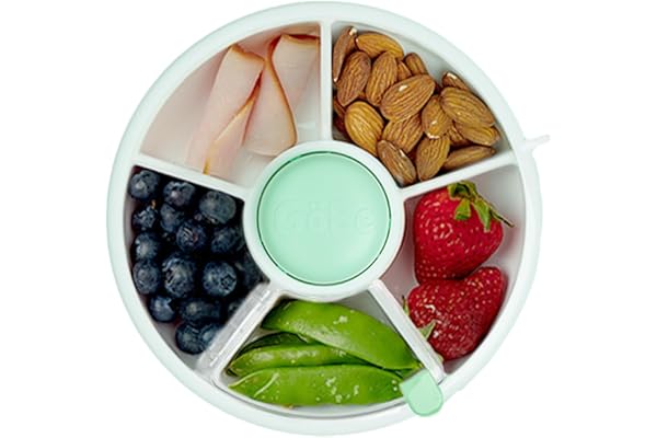 GoBe Kids Small Snack Spinner Flip Bundle with Hand Strap and Sticker Sheet - Reusable Snack Container with 5 Compartment Dispenser and Lid | BPA/PVC Free | Dishwasher Safe | No Spill- Mint Green