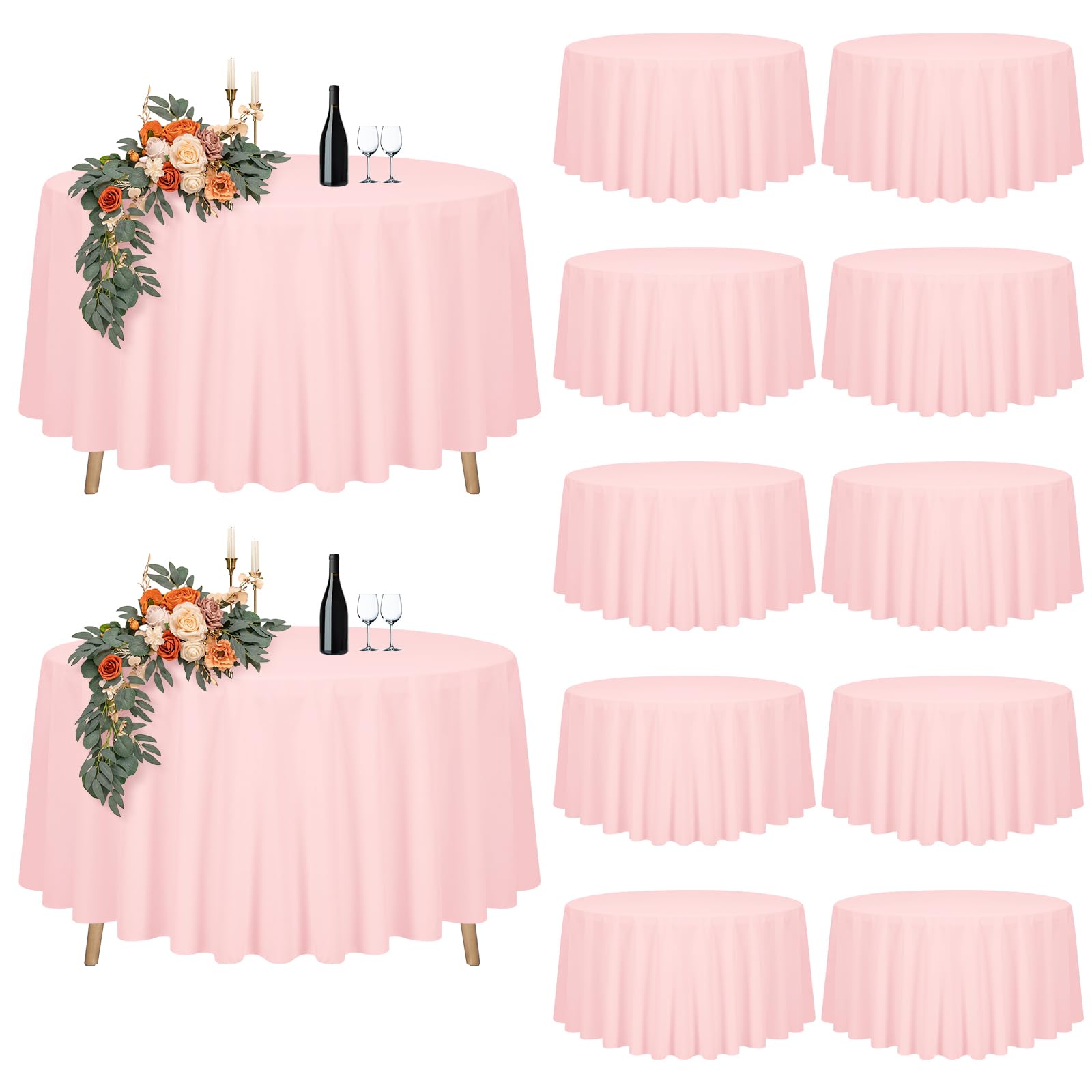 Photo 1 of 12 Pack Pink Tablecloths - 120 inch Round Table Cloths, Polyester, Waterproof, Stain Resistant, Washable, Bulk for Wedding, Party, Buffet, Camping
