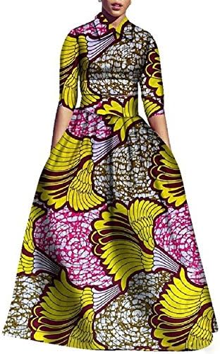 Sherrylily Women Plus Size 3/4 Sleeve African Graphic Printed Maxi Dress Lapel Collar High Waist A-line Dress