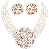 Rosemarie & Jubalee Women's Unique Circular Design Crystal Rhinestone And Simulated Three Strand Pearl Necklace Earrings Bridal Jewelry Gift Set, 14"+3" Extender