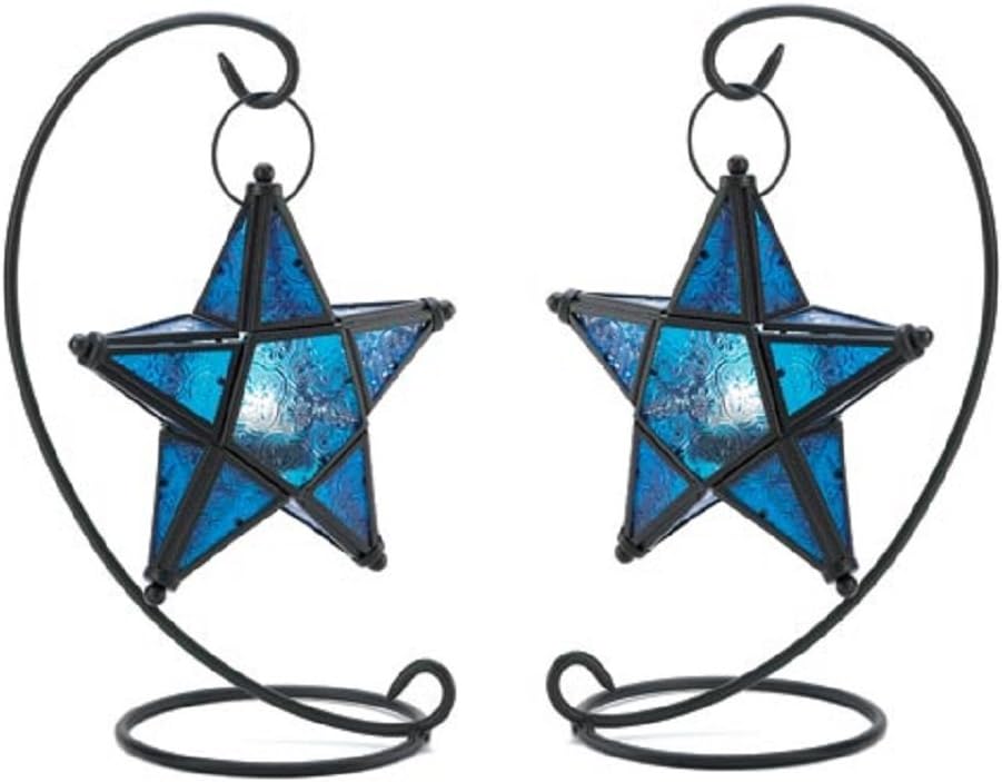 Decorative Candle Lantern Blue Sapphire Star (SET of 2) Festive Table Lamp Top Hanging Candle Holder
