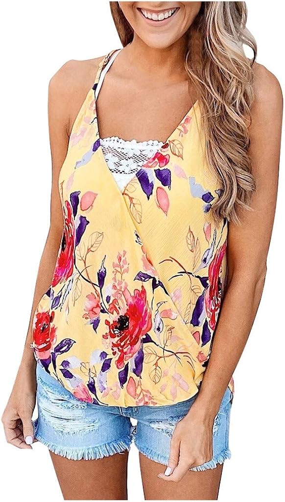 YUEZIHUAHUA Summer V Neck Spaghetti Strap Tank Tops for Women Floral Print Loose Sleeveless Shirts Blouses