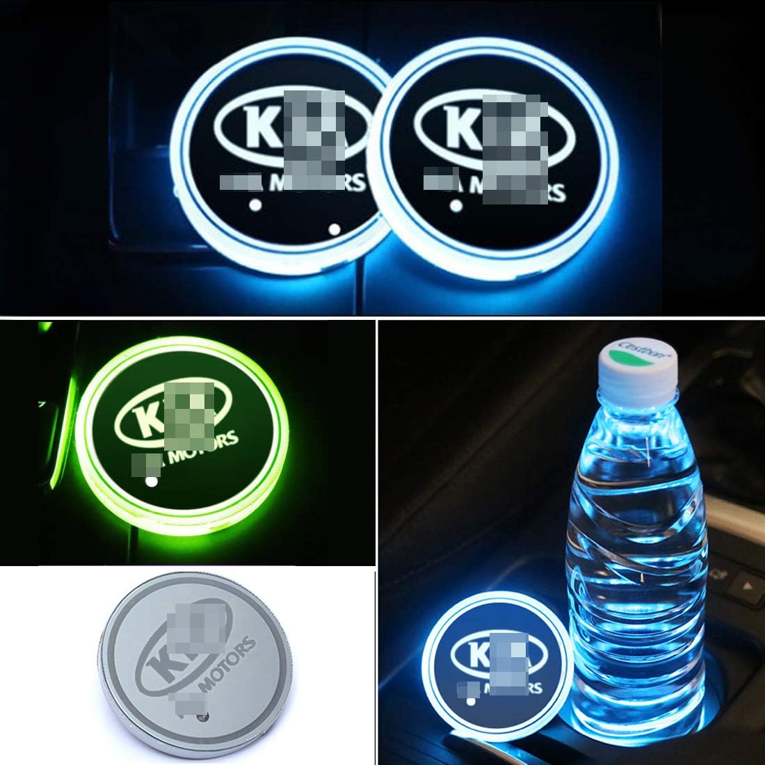 LED Car Logo Cup Holder Pad Bottle Drinks Coaster Waterproof 7 Colors Changing USB Charging Luminescent Mat Decoration Light Interior Atmosphere Lamp 2PCS (K-ia)