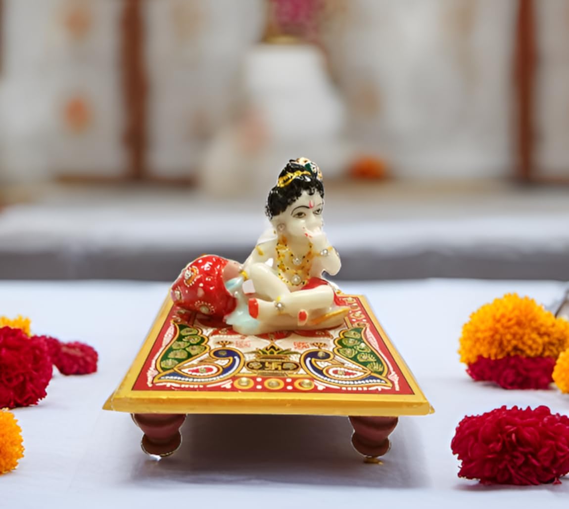 Purpledip Marble Statue Lord Krishna: Painted Makahan Chor Idol on Chowki (11566)