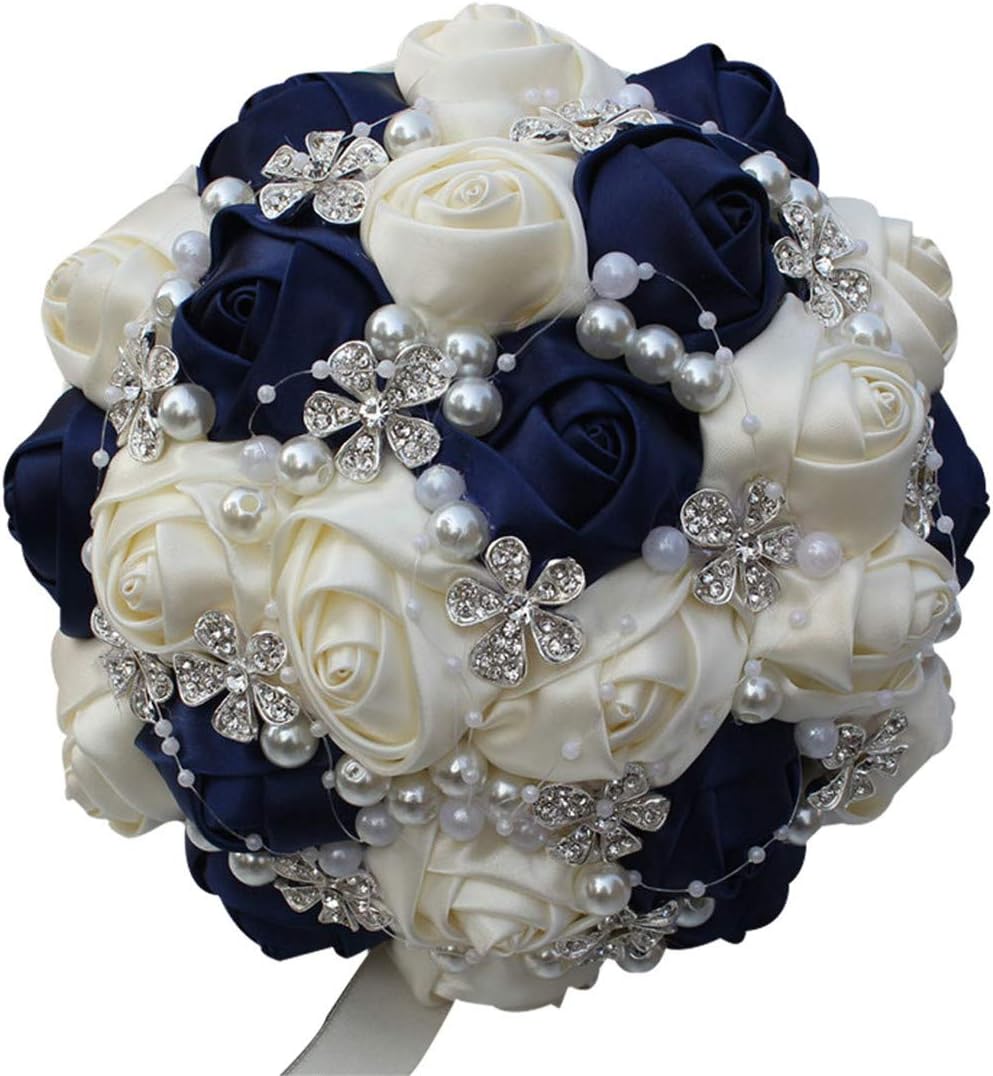 Amulti Wedding bouquet for the bride,wedding decorations 18cm/7 inch (Navy+Ivory)