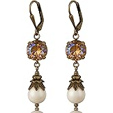 Vintage Leverback Earrings for Women Simulated Pearl Austrian Crystal Dangle Drop Victorian Antique Bronze Jewelry Gift for Her - Cappaccino/Mocha