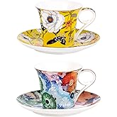KAMMAK Tea Cups and Saucers Set of 2, Reinforced Porcelain Coffee Cups, 5.7-Ounce Stackable Espresso Mugs, Ceramic Demitasse for Coffee, Cappuccino, Latte, Americano, Tea, Coral + Bee Flower