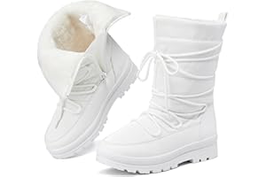 WALUZS Snow Boots for Women Fur Winter Boots Waterproof Ski Boots Women's Mid Calf Boots Furry White Lace up Boots with Zipper
