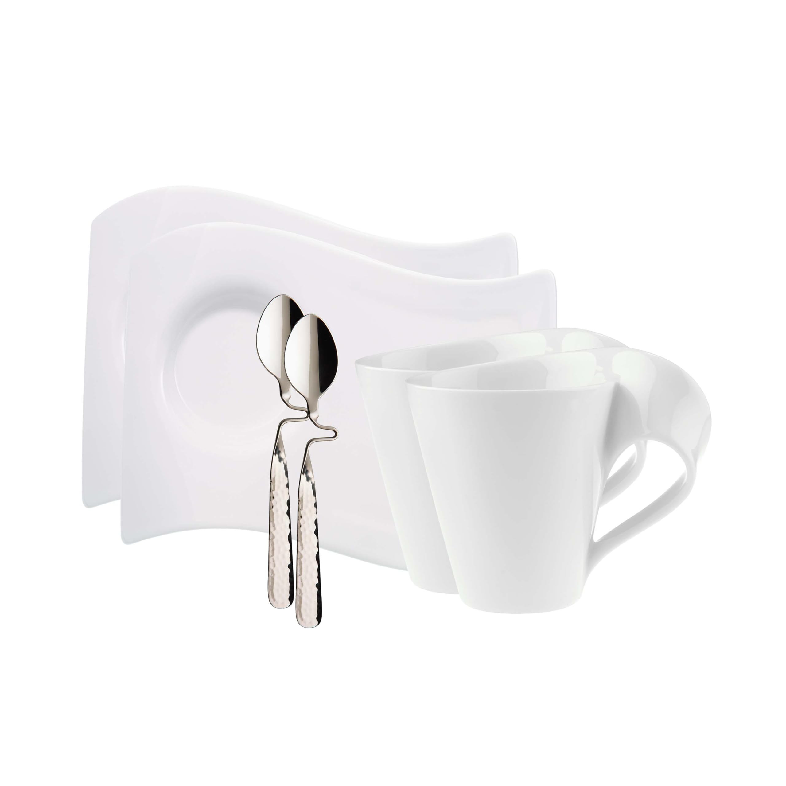 Villeroy & Boch New Wave Cappuccino Set, 6 Pieces, Coffee Cup, Premium Porcelain Saucer, Stainless Steel Spoon for 2 People, Dishwasher Safe, White