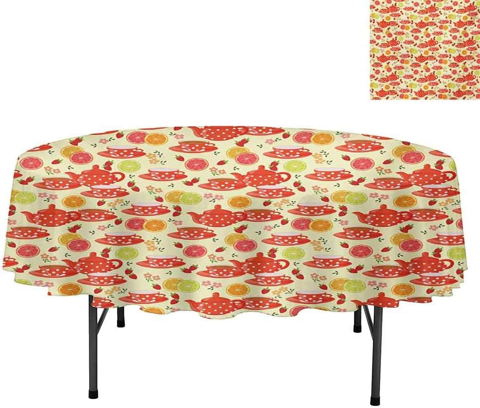Aishare Store Polyester Fabric Table Cloth, Teapots and Cup with Polka Dots Lime Orange and Strawber, Table Cloth for Spring Summer Party Picnic Camping, Round 60", Yellow Scarlet