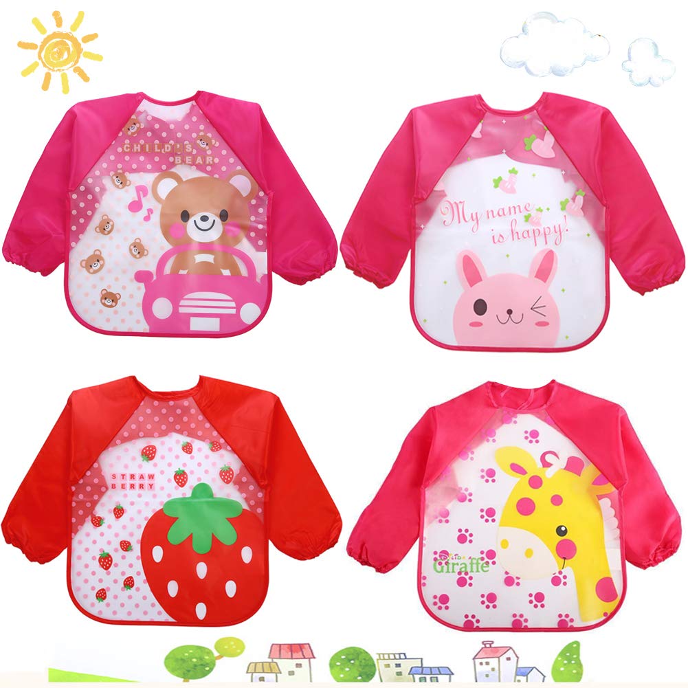 lätzchen mit ärmeln,latz mit ärmel,Wasserdicht Lätzchen,Baby Lätzchen mit Lange Ärmeln,Ärmellätzchen Abwaschbar,Unisex Lätzchen für Malen Play Essen Kunst Handwerk Malerei (Rot Rosa)